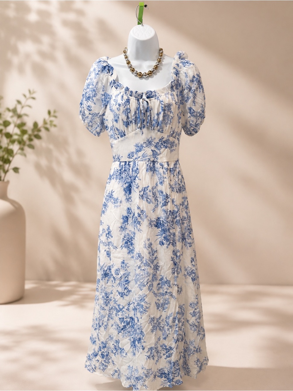 “As U Wish” - Blue & White Floral Puff Sleeve Midi Dress
